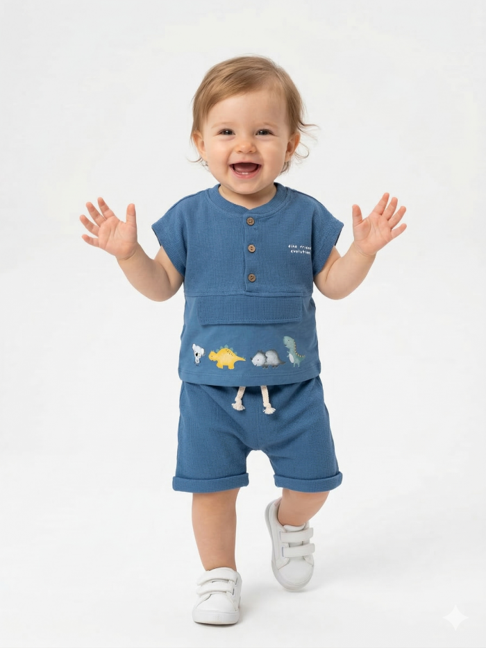 Pamuklu Dinazor Detaylı 2li Erkek Bebek Şortlu Takım