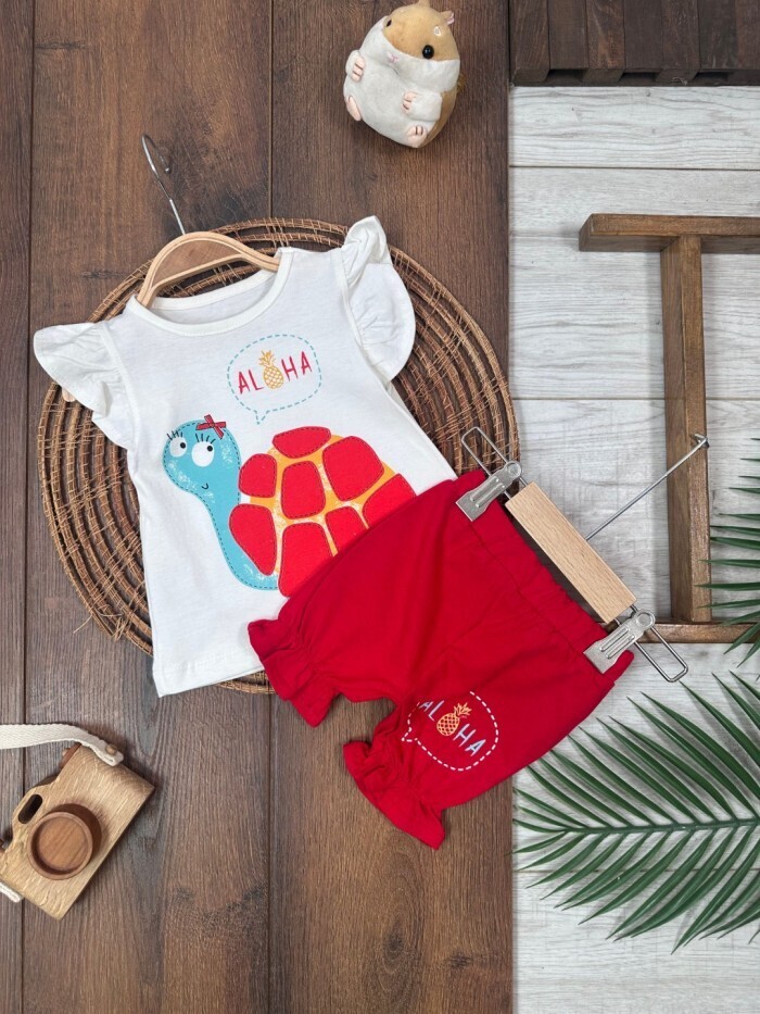 Yazlık Pamuklu Kaplumbağa Desenli Kız Bebek 2li Takım