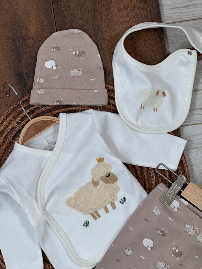 Pamuklu Kuzu Baskılı Uzun Kollu 5li Unisex Bebek Hastane Çıkış Seti - Görsel 3