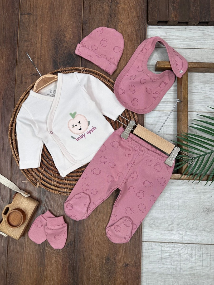 Mevsimlik Yenidoğan Elma Detaylı  5li Bisiklet Yaka Kız Bebek Hastane Çıkış Seti