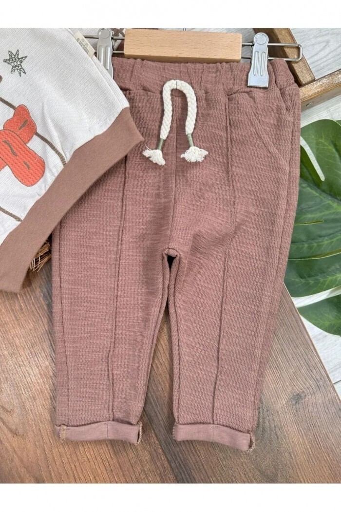 Pamuklu Organik Ayıcık Detaylı Kapüşonlu Erkek Çocuk 2li Takım