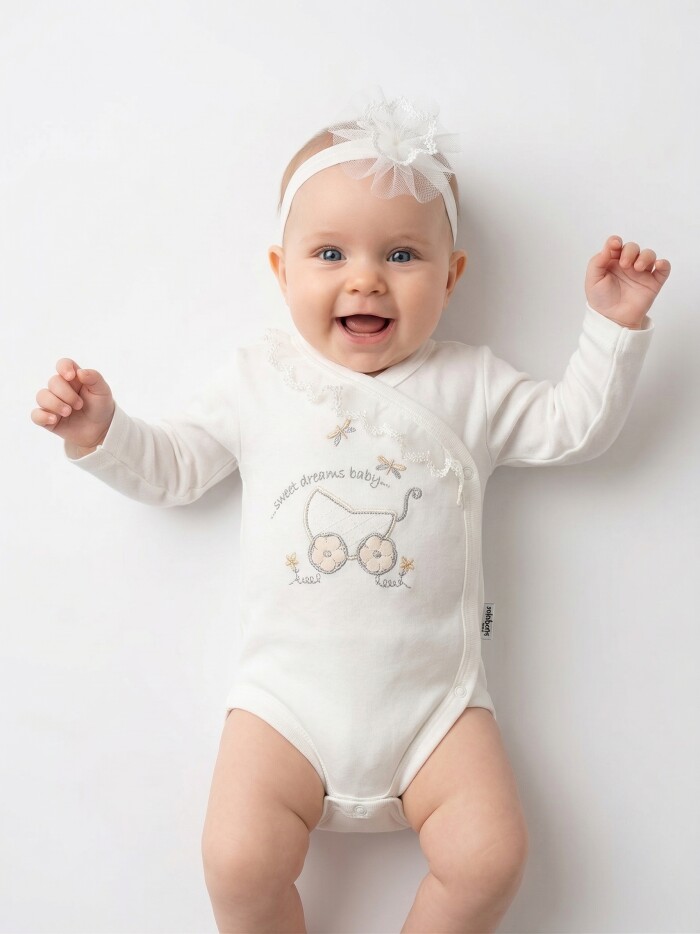 Pamuklu Bebek Arabası Detaylı Bandanalı Kız Bebek Zıbın