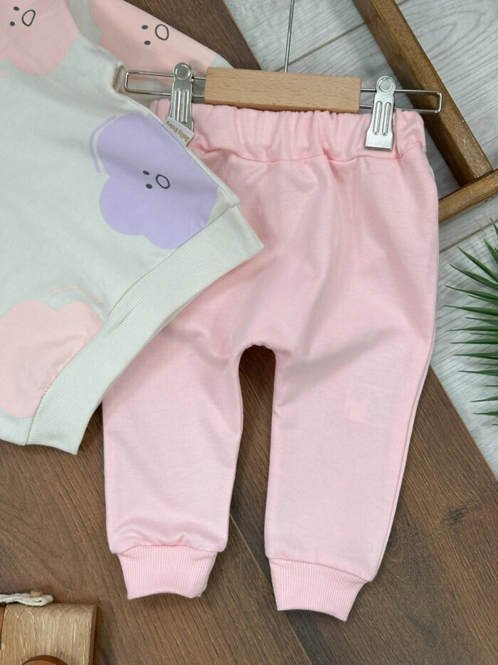 Pamuklu Bulut Desenli Kapüşonlu 2li Kız Bebek Takım