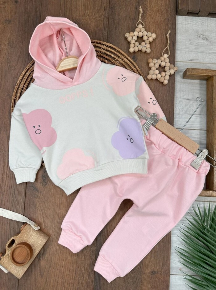 Pamuklu Bulut Desenli Kapüşonlu 2li Kız Bebek Takım