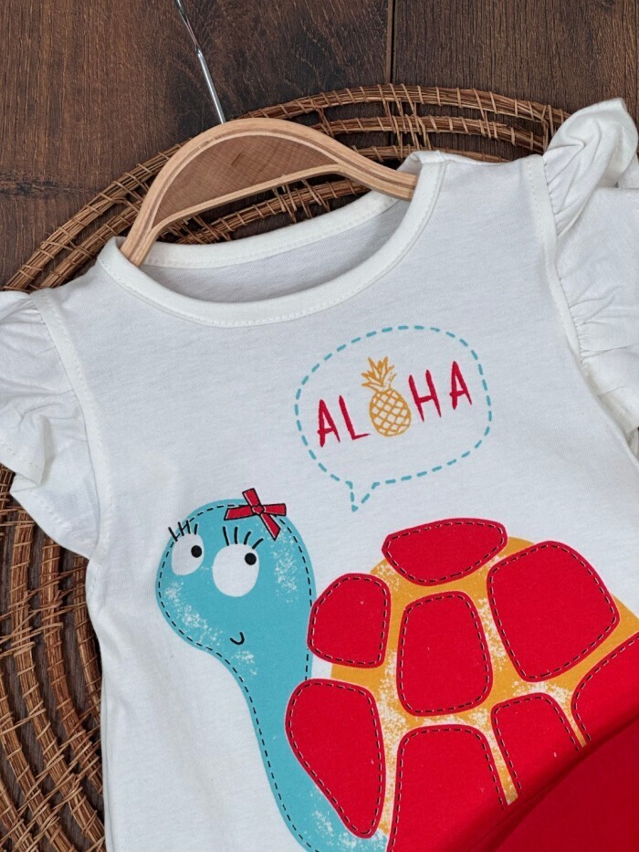 Yazlık Pamuklu Kaplumbağa Desenli Kız Bebek 2li Takım