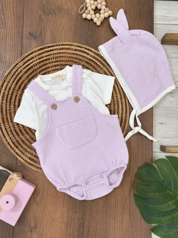 Çıçıtlı Zıbın ve Body Şapkalı Pamuklu Cepli 3lü Günlük Kız Çocuk Salopet Tulum