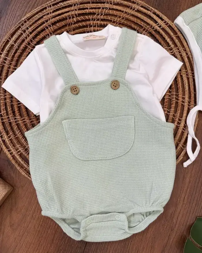 Çıçıtlı Zıbın ve Body Şapkalı Pamuklu Cepli 3lü Günlük Kız Çocuk Salopet Tulum