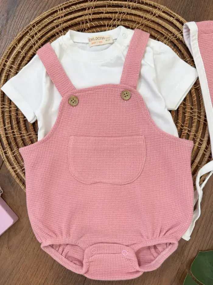 Çıçıtlı Zıbın ve Body Şapkalı Pamuklu Cepli 3lü Günlük Kız Çocuk Salopet Tulum - Görsel 5