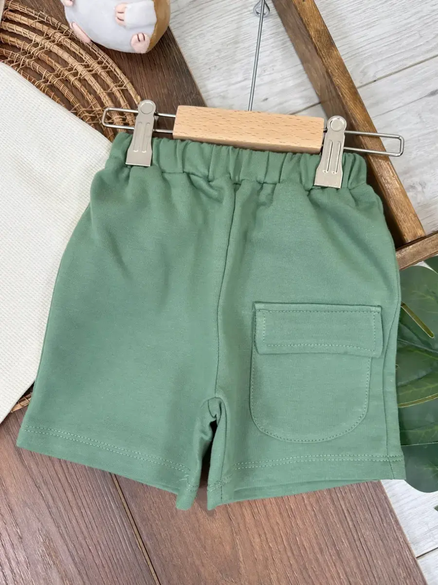 Yeşil Renk Cep Detaylı Şapkalı Bisiklet Yaka Erkek 3 lü Bebek Takım