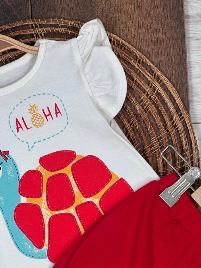 Yazlık Pamuklu Kaplumbağa Desenli Kız Bebek 2li Takım