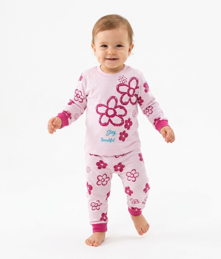 Organik Çiçek Desenli Kız Bebek Pijama 2li Takım Varyantı