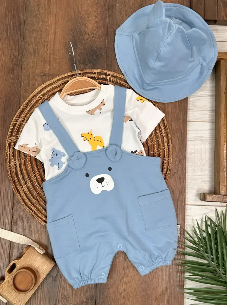 Slopet Tulum Kulaklı Çıtçıtlı Badili Cep Detaylı 3lü Erkek Bebek Takım