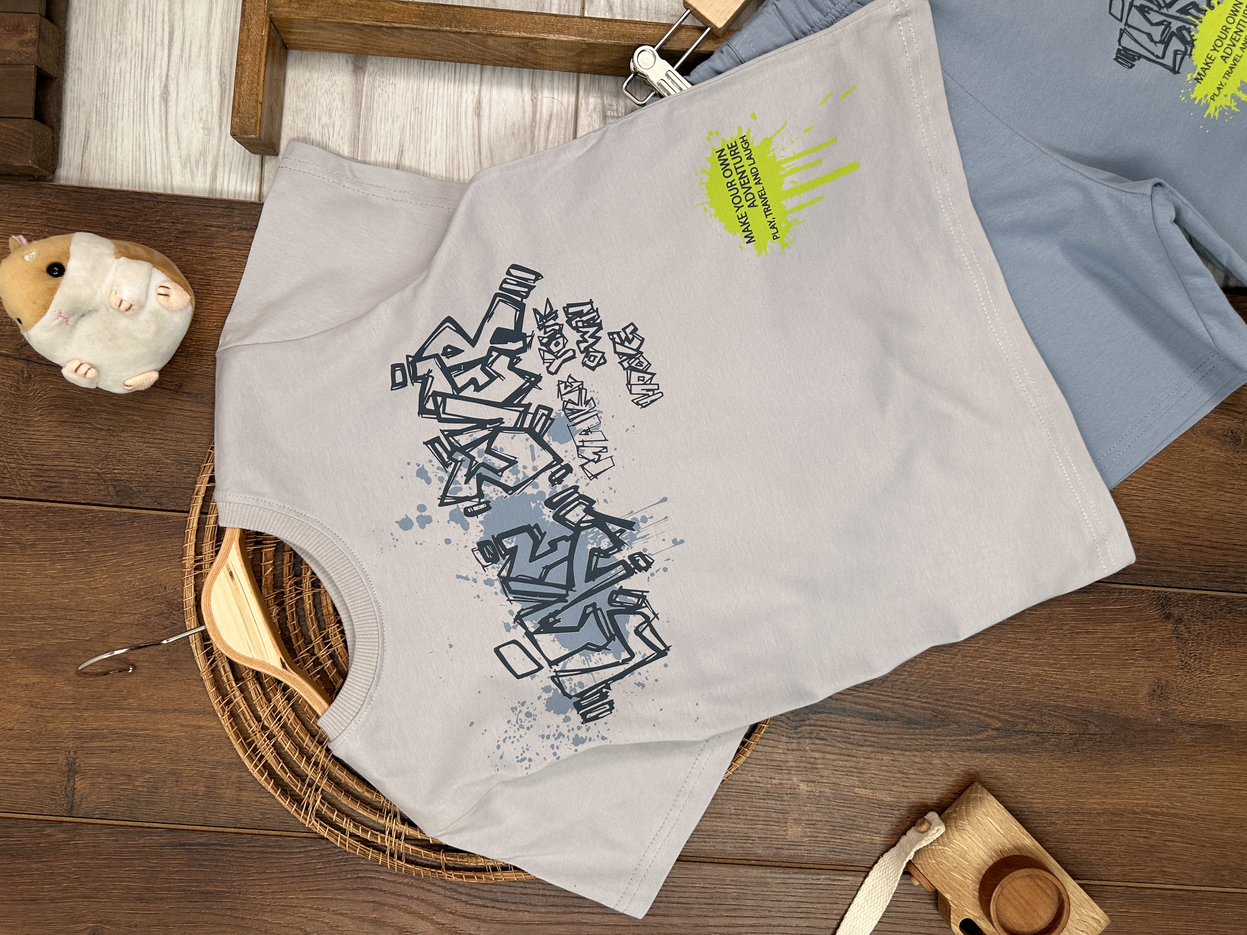 Yazlık Pamuklu Grafiti Baskılı Kısa Kollu Erkek Çocuk 2li Takım - Görsel 6