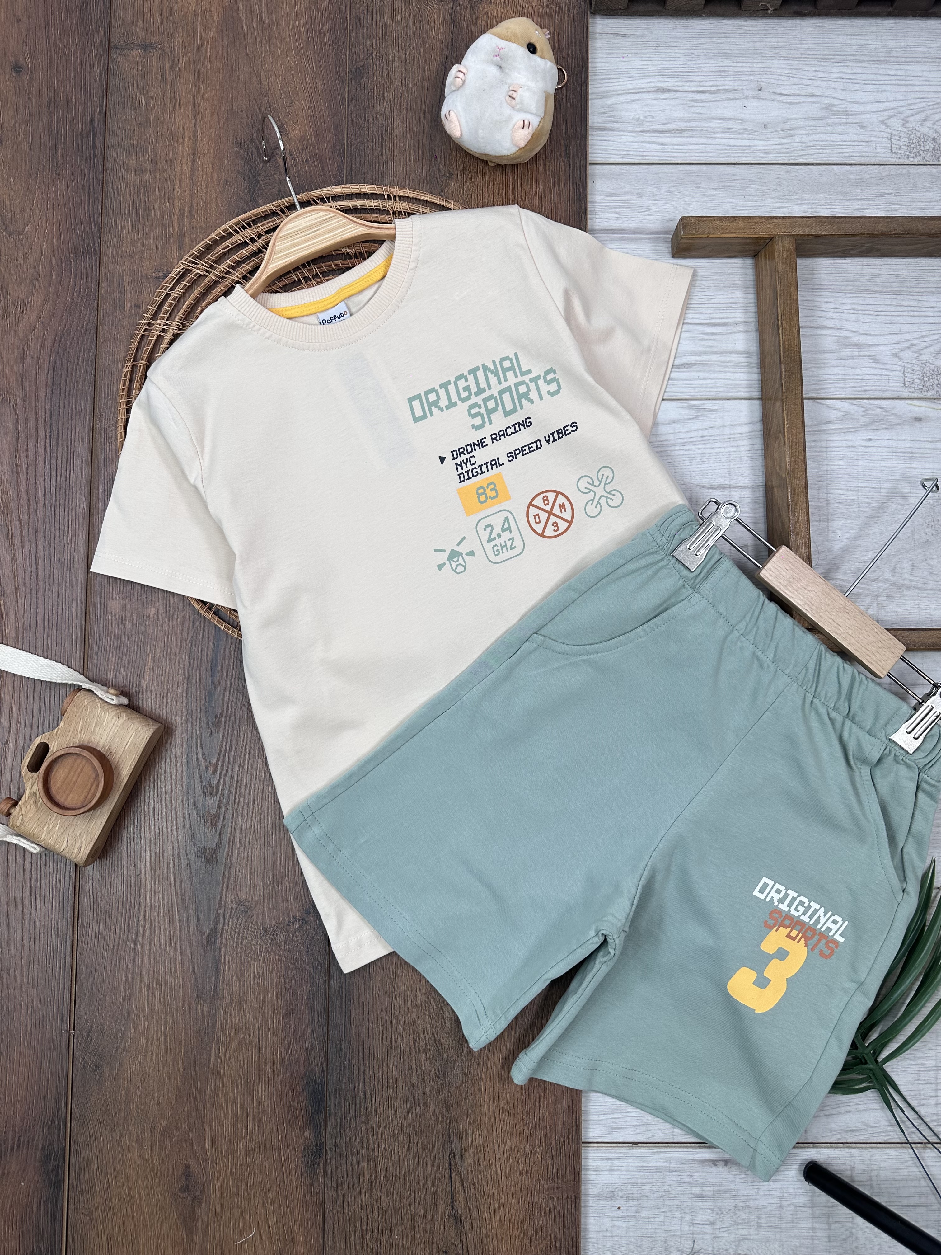 YEŞİL RENK GÜNLÜK BİSİKLET YAKA KISA KOLLU LASTİKLİ BEL ERKEK ÇOCUK & BEBEK ALT ÜST TAKIM