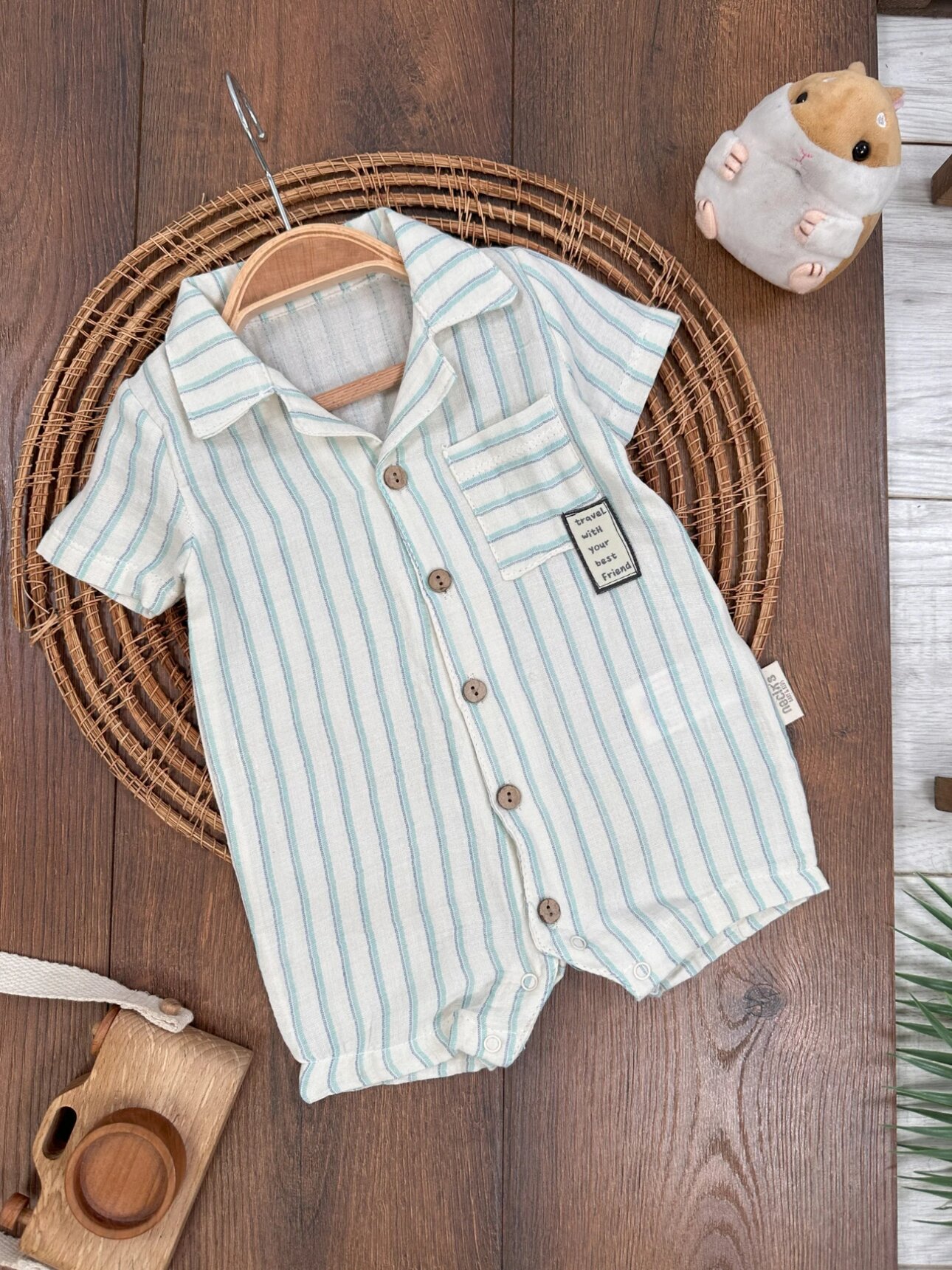 Pamuk Kumaş Yazlık Pamuklu Çizgili Polo Yaka Erkek Bebek Tulum
