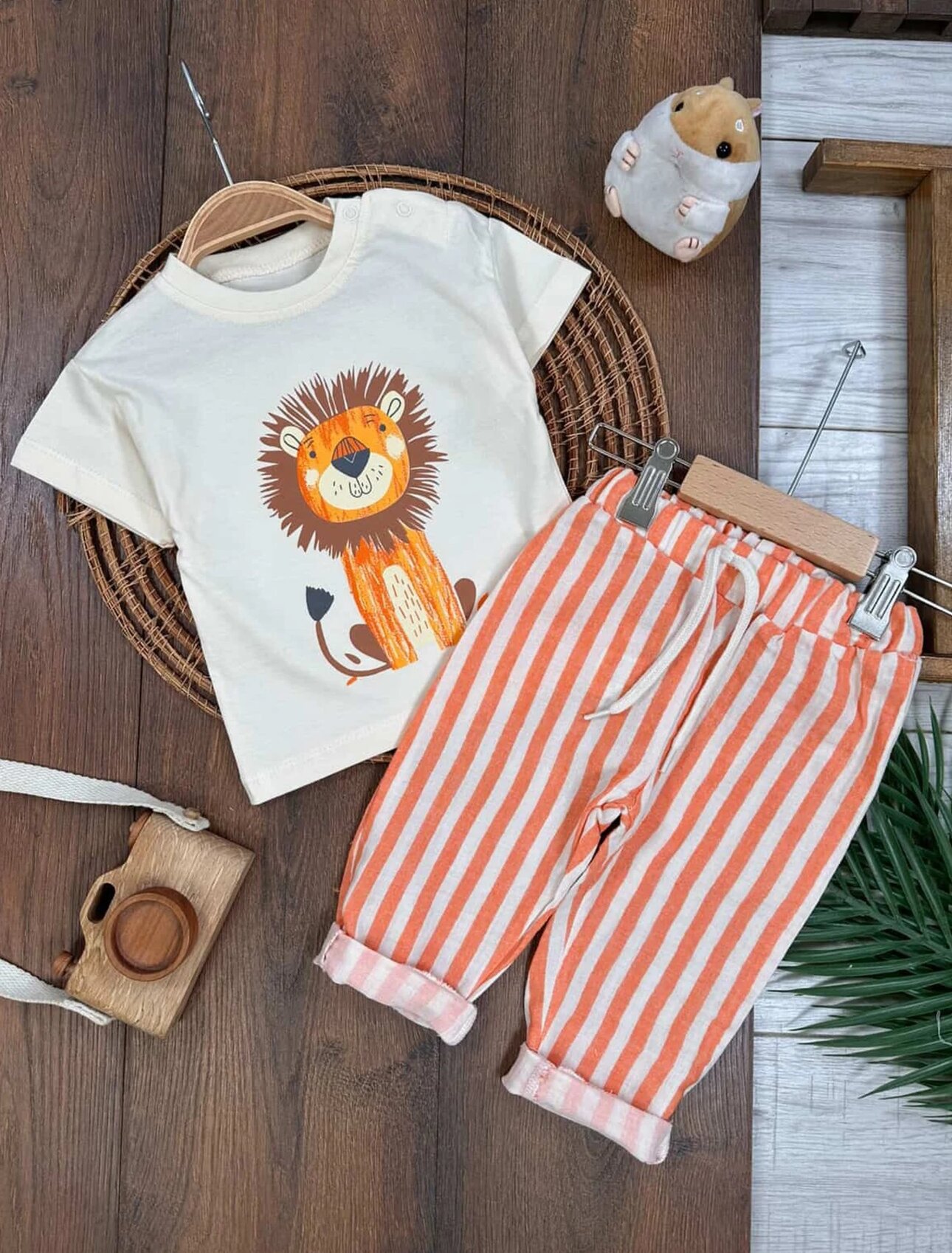 Aslan Detaylı Ham Keten Pantolonlu Bisiklet Yaka Yazlık Organik Pamuk Çizgili 2li takım