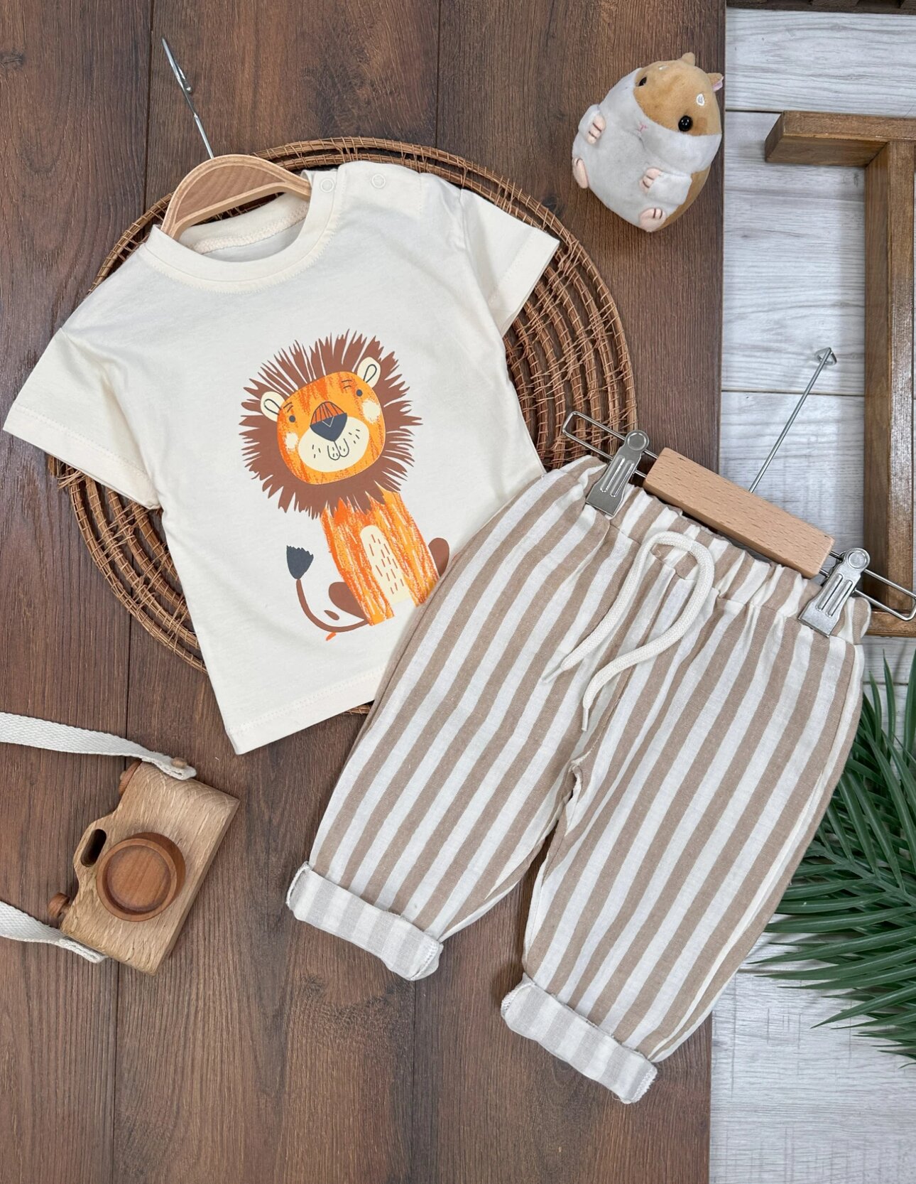 Aslan Detaylı Ham Keten Pantolonlu Bisiklet Yaka Yazlık Organik Pamuk Çizgili 2li takım