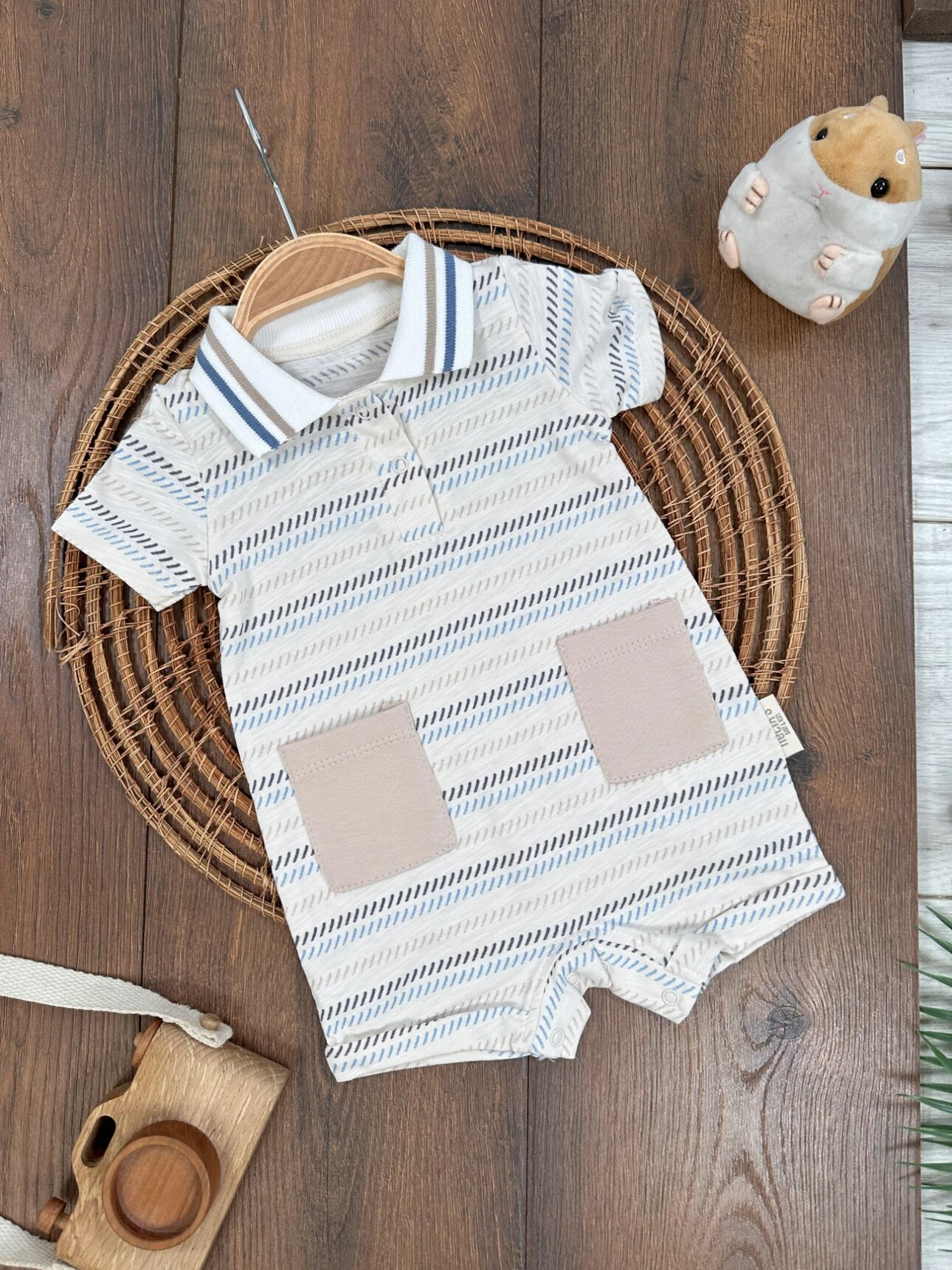 Pamuk Kumaş Yazlık Pamuklu Çizgili Polo Yaka Erkek Bebek Tulum