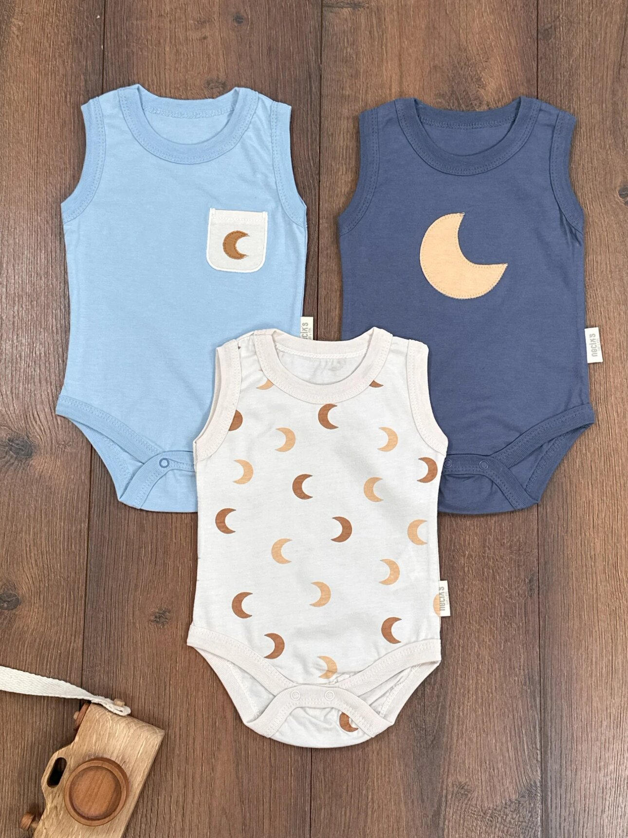 Yazlık Pamuklu Hilal Detaylı 3lu Zıbın Erkek Bebek Takım