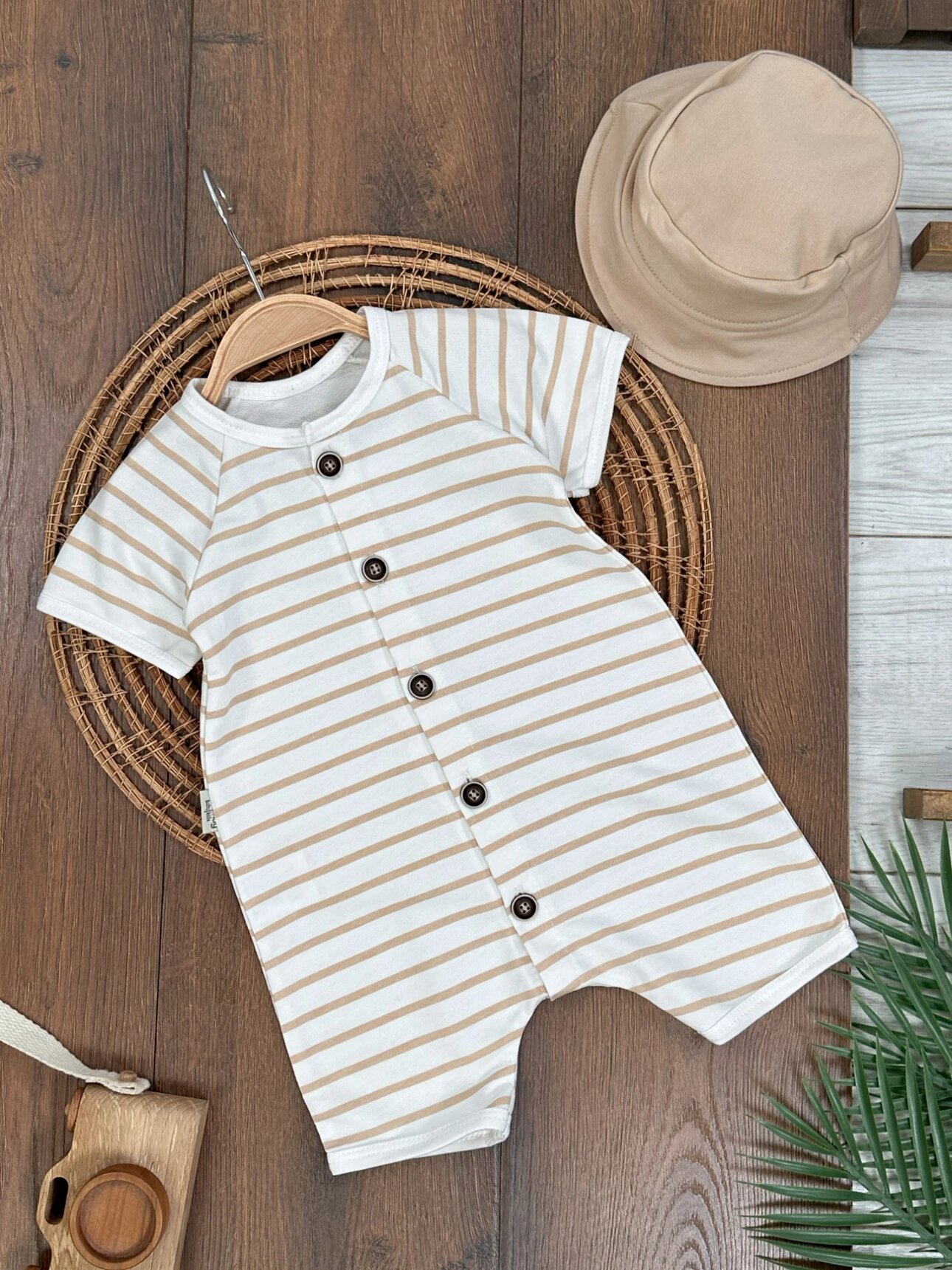 Pamuklu Çizgili Şapkalı Erkek Bebek 3lü Takım