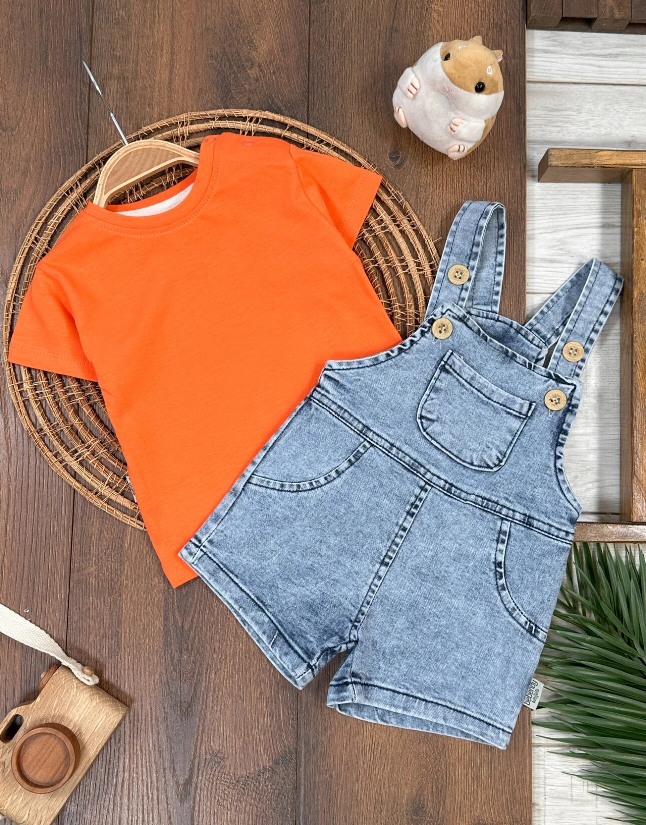 Pamuklu Kısa Kollu Turuncu Tişört Denim Askılı 2li Erkek Çocuk Takım