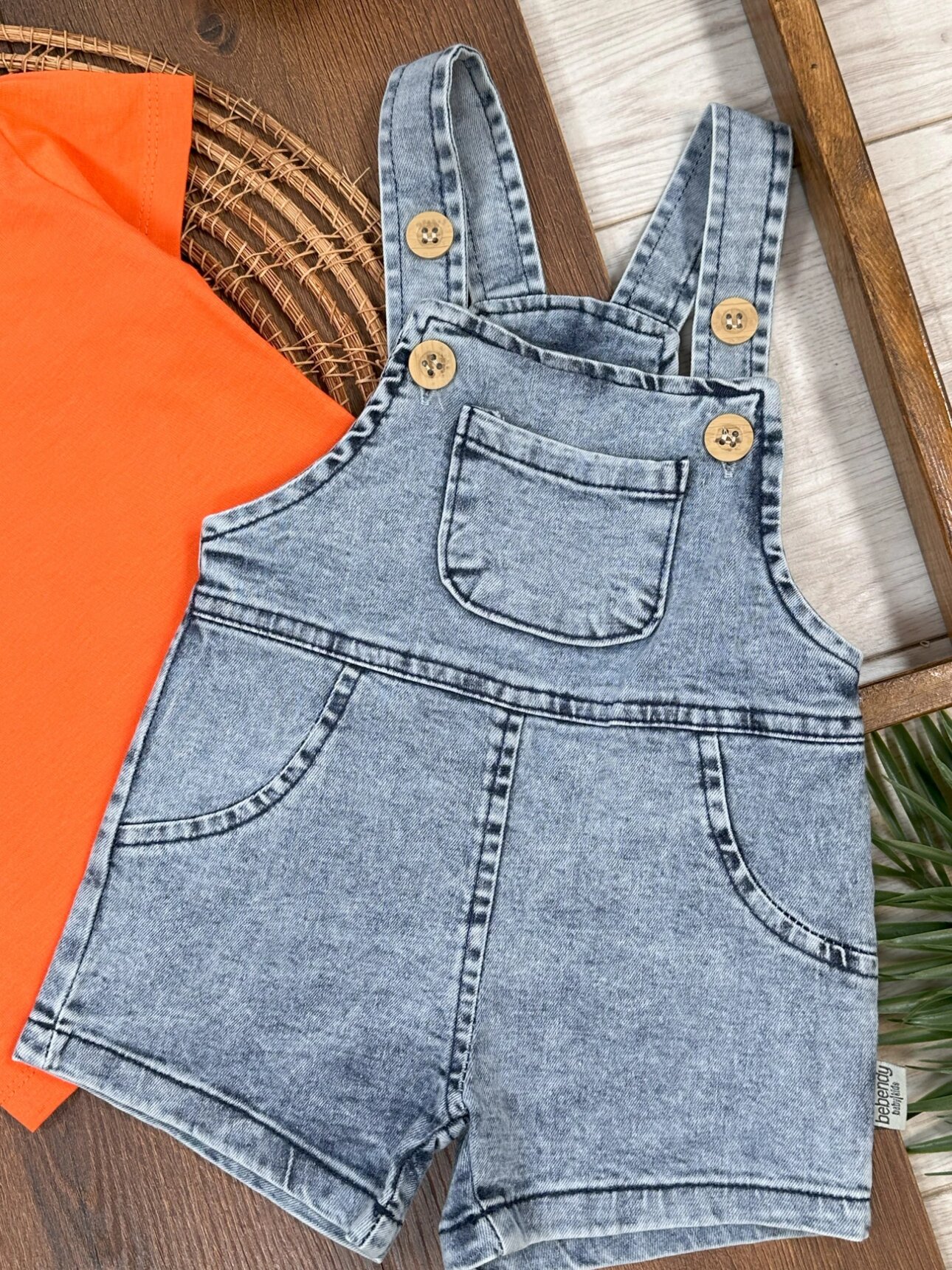 Pamuklu Kısa Kollu Turuncu Tişört Denim Askılı 2li Erkek Çocuk Takım - Görsel 2
