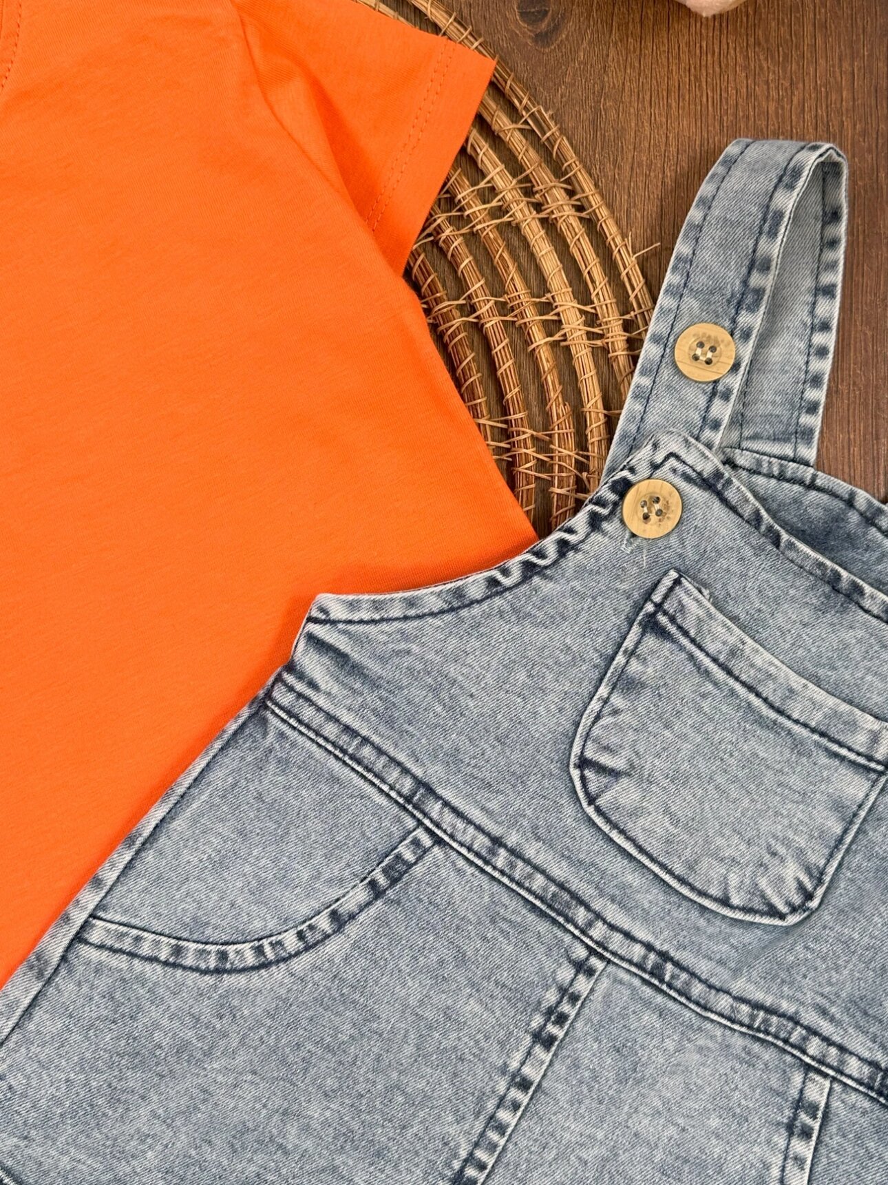 Pamuklu Kısa Kollu Turuncu Tişört Denim Askılı 2li Erkek Çocuk Takım - Görsel 4