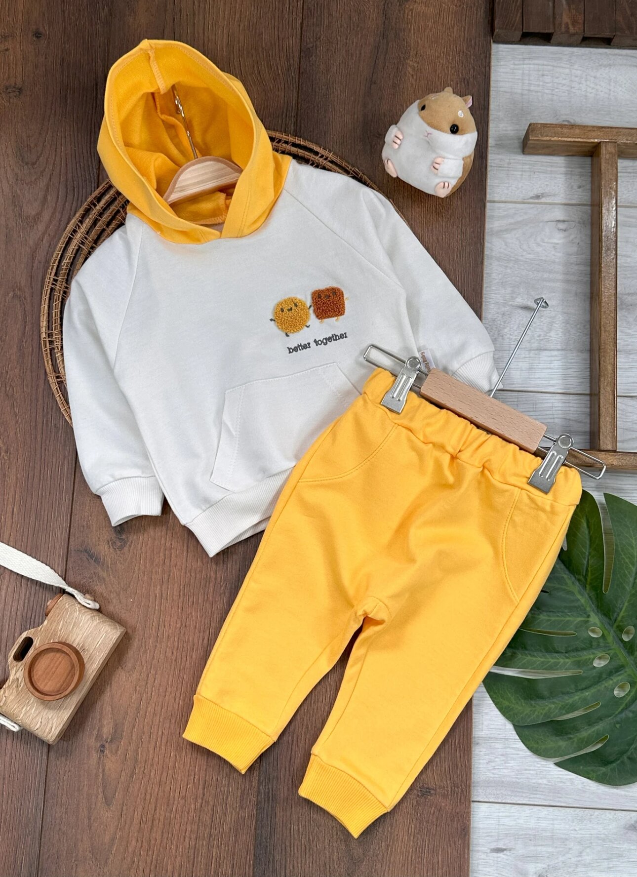 Pamuklu Kapüşonlu Nakışlı 2li Erkek Bebek Takım