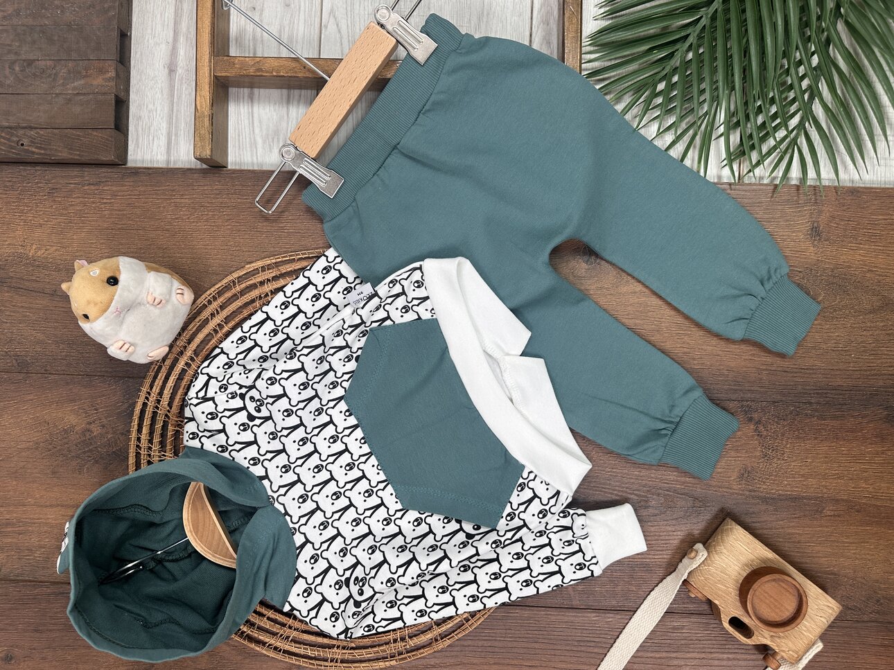 Pamuklu Kulaklı Kapüşonlu Kanguru Cepli 2li Kız Bebek Takım