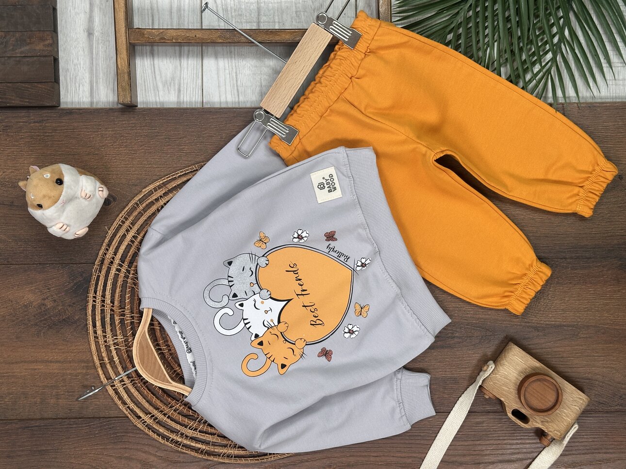 Pamuklu Mevsimlik Kedicik Detaylı  2li Kız Bebek Takım