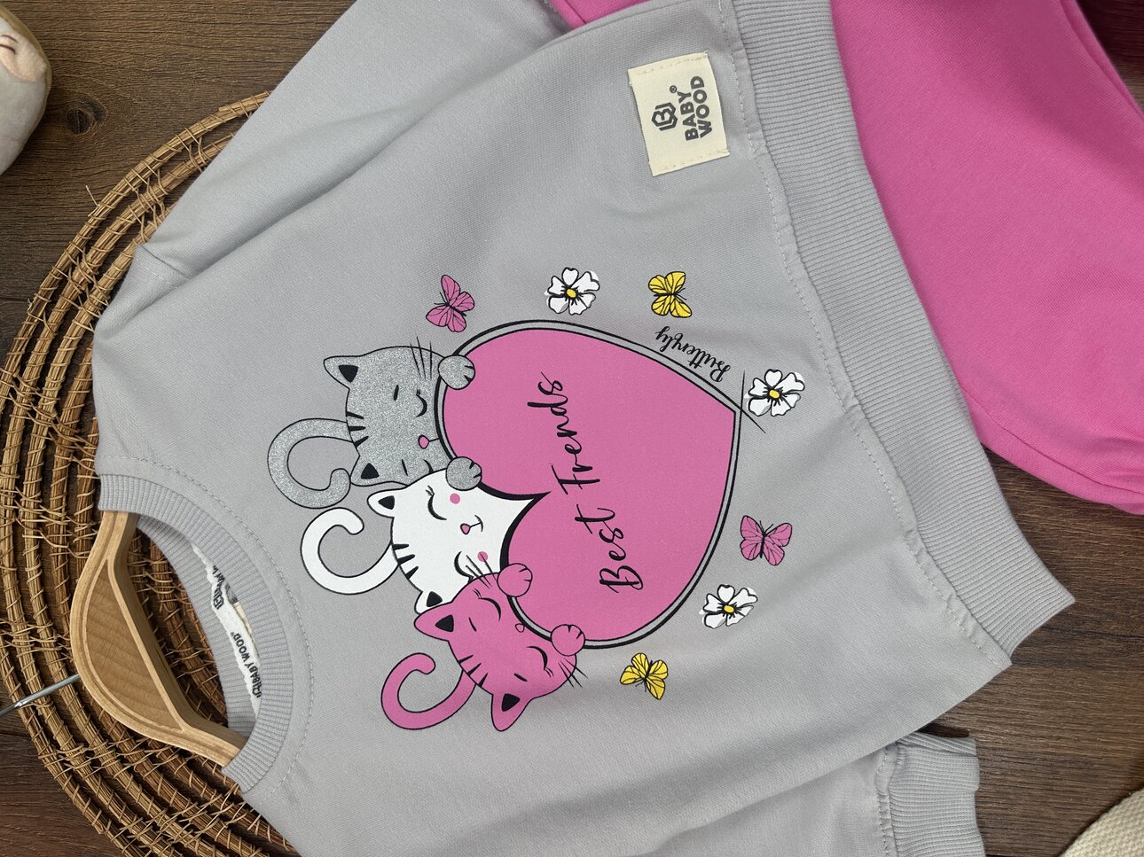 Pamuklu Mevsimlik Kedicik Detaylı  2li Kız Bebek Takım - Görsel 3