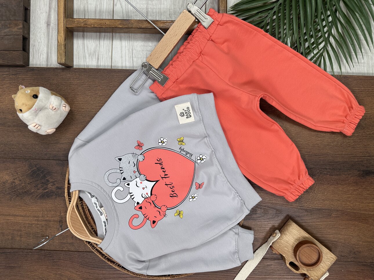 Pamuklu Mevsimlik Kedicik Detaylı  2li Kız Bebek Takım