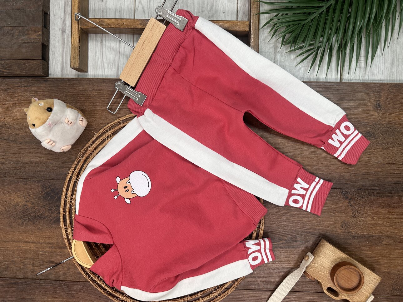 Pamuklu Kapüşonlu Unisex Bebek 2li Takım - Detay Görseli 1