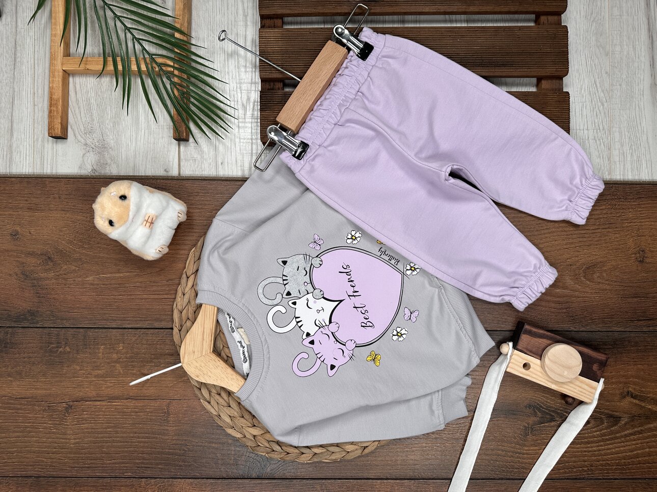 Pamuklu Kedicik Detaylı Bisiklet Yaka 2li Kız Bebek Takım