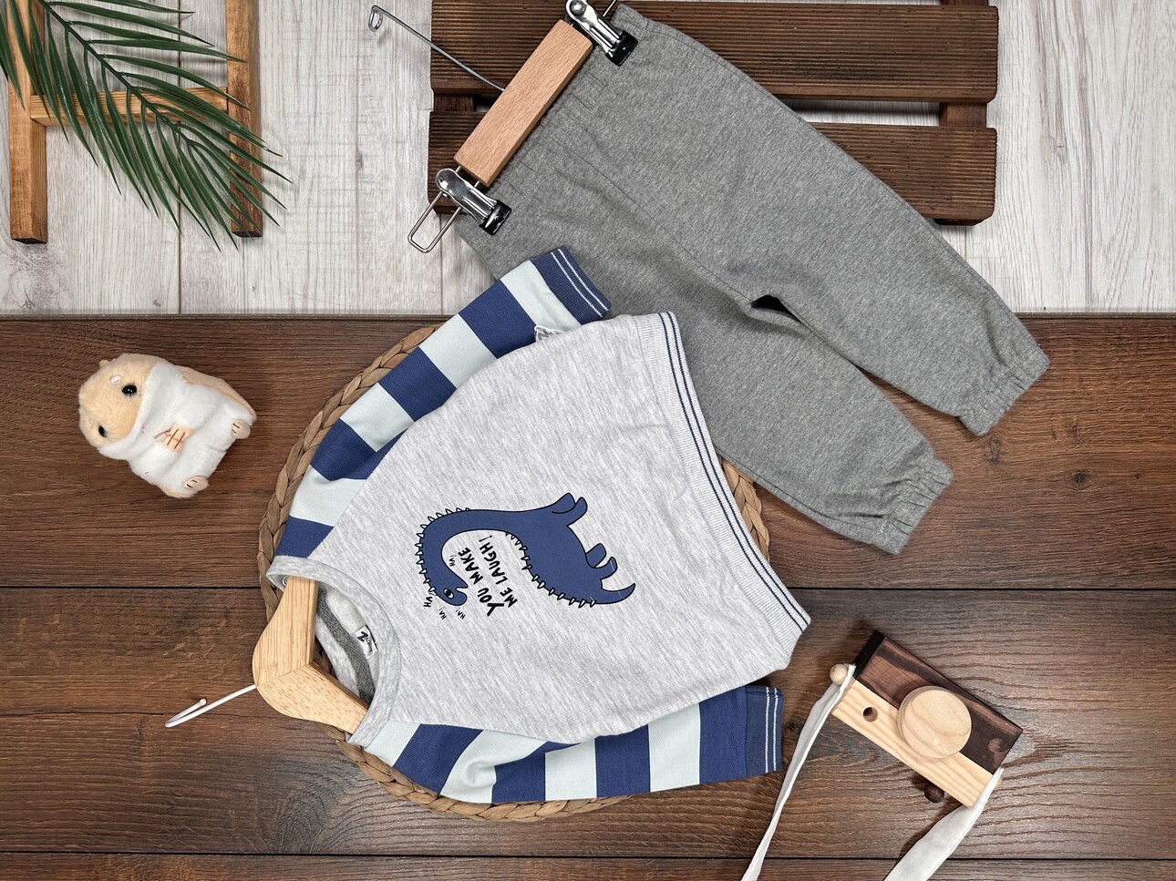 Pamuklu Dinozor Desenli 2li Erkek Bebek Takım