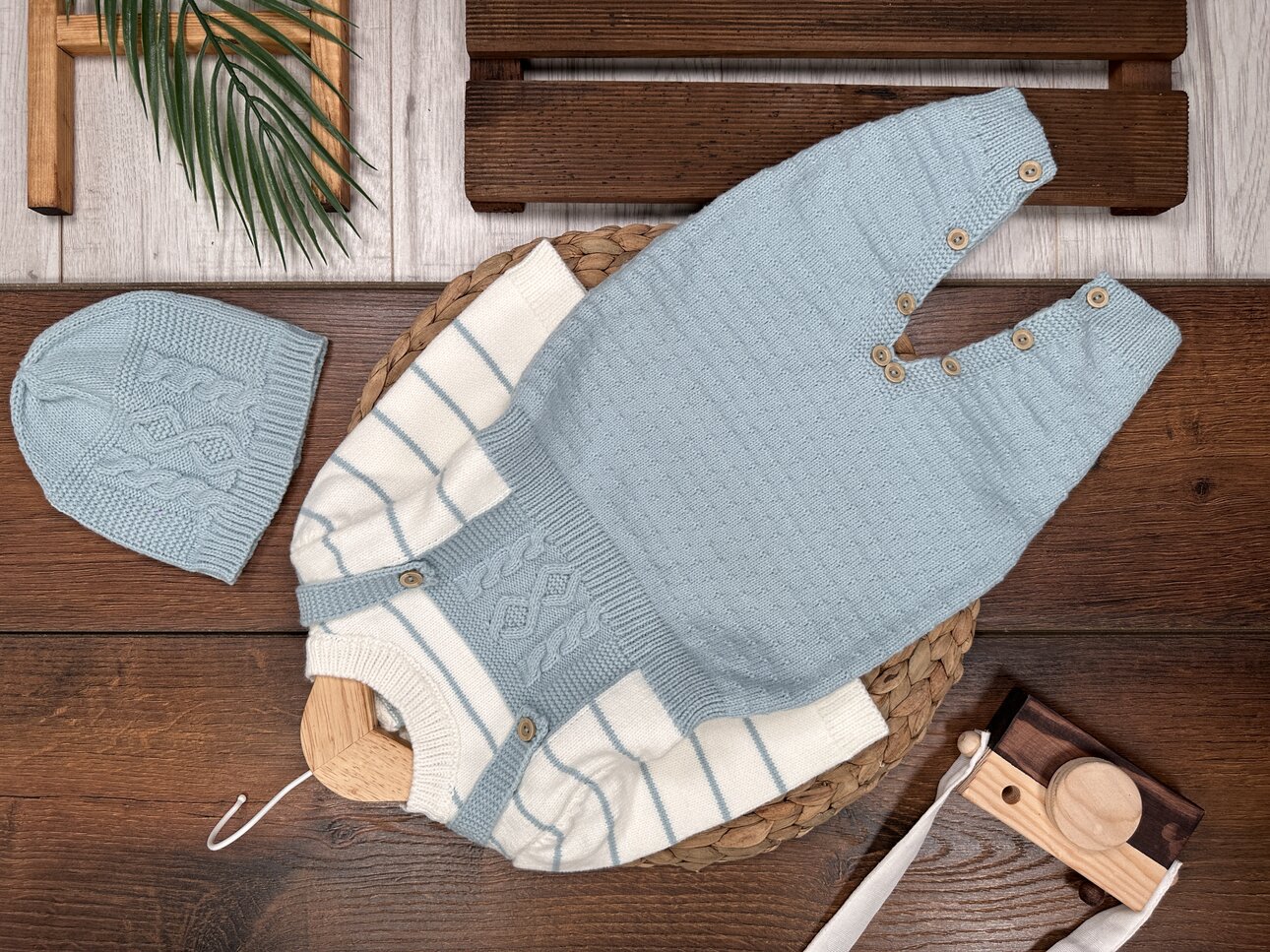 Pamuklu Triko Şapkalı Tulum 2li Erkek Bebek Takım