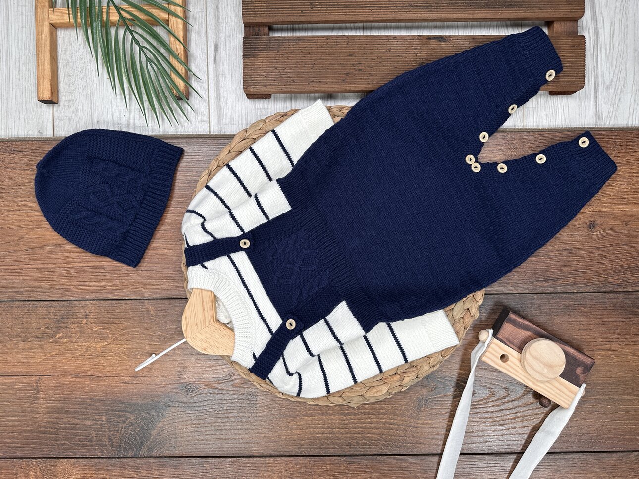 Pamuklu Triko Şapkalı Tulum 2li Erkek Bebek Takım