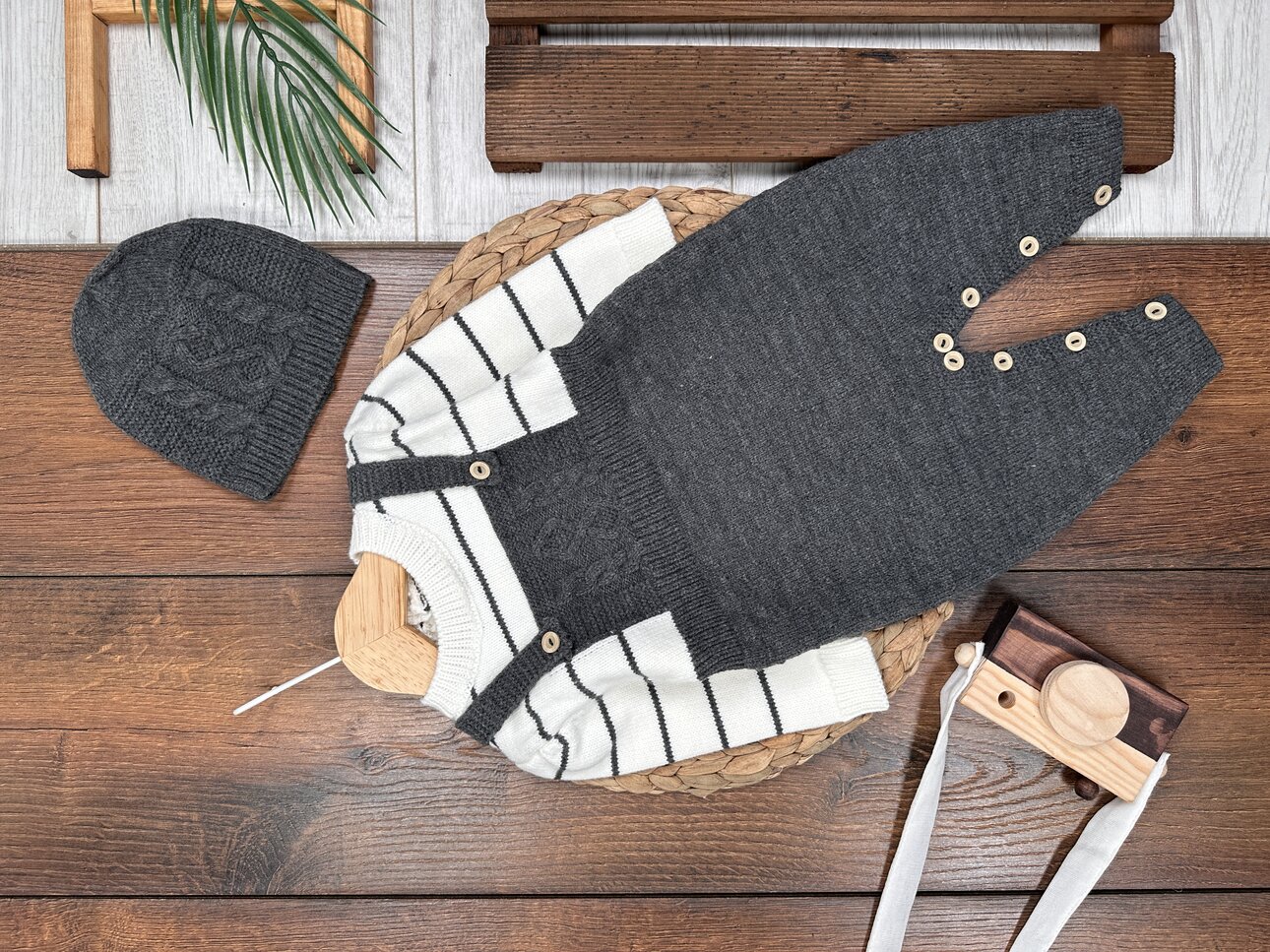 Pamuklu Triko Şapkalı Tulum 2li Erkek Bebek Takım