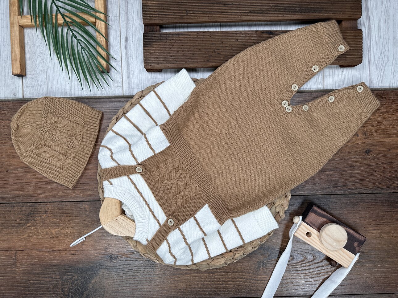 Pamuklu Triko Şapkalı Tulum 2li Erkek Bebek Takım