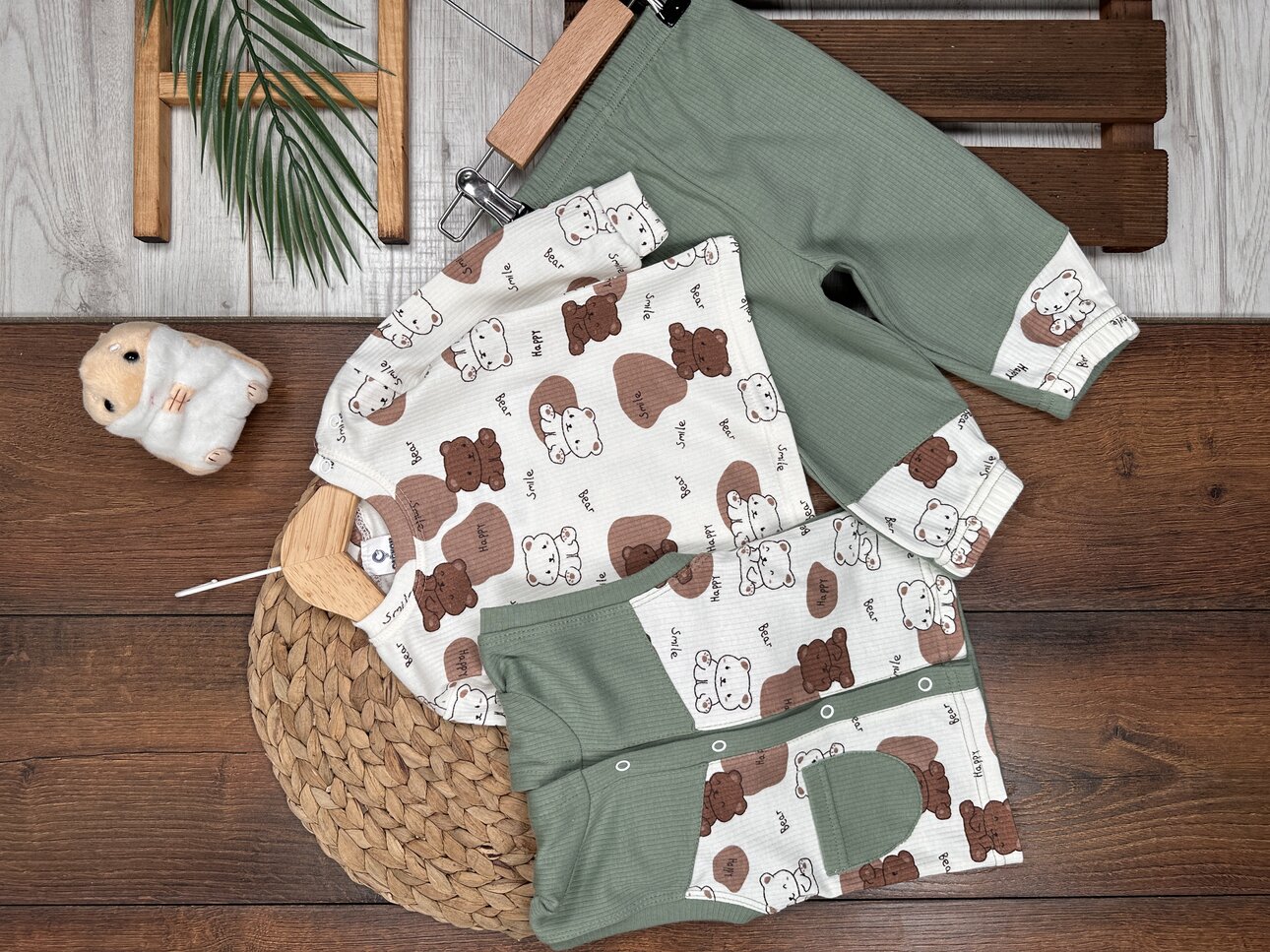 Yumuşak Pamuklu Ayıcık Desenli Yelekli 3lu Erkek Bebek Takım