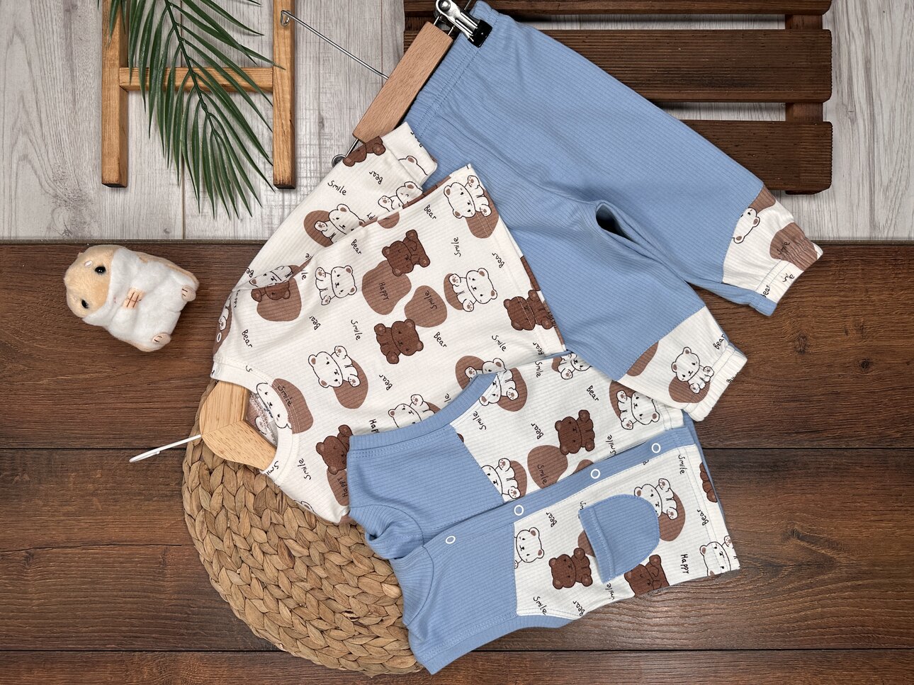 Yumuşak Pamuklu Ayıcık Desenli 3lu Erkek Bebek Takım