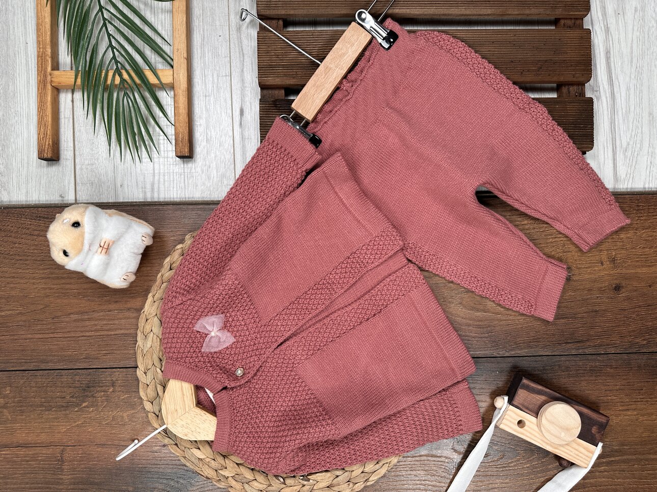 Pamuklu Triko Hırkalı Fiyonk Detaylı 2li Kız Bebek Takım