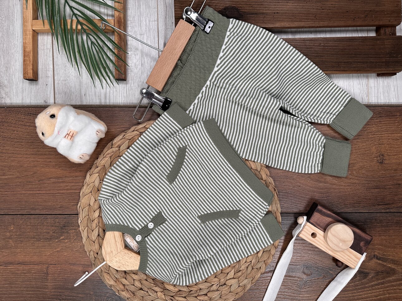 Pamuklu İnce Triko Çizgili Kanguru Cepli Bisiklet Yaka 2li Erkek Bebek Takım