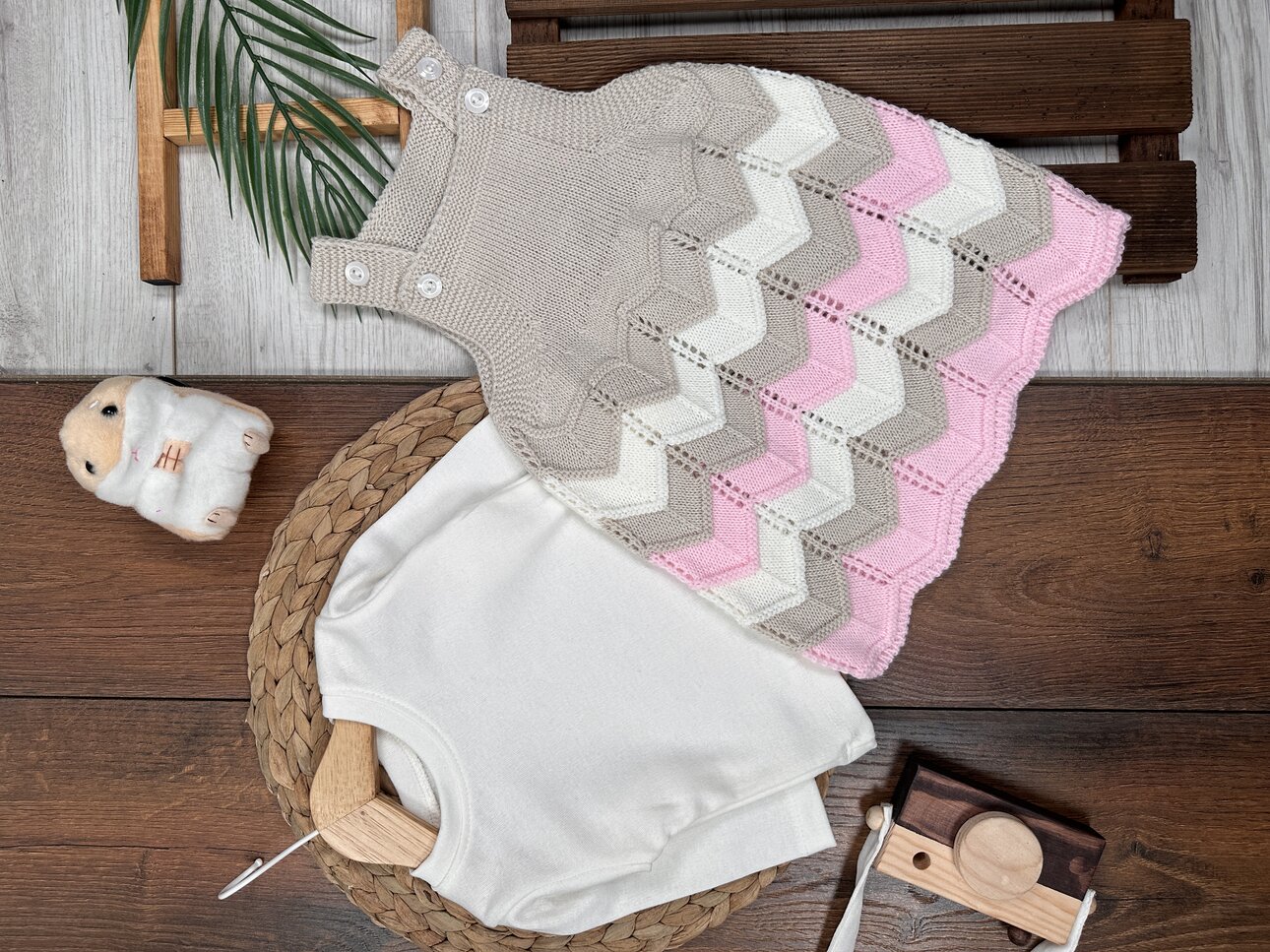 Organik Triko Zigzag Desenli Kız Bebek 2li Elbise Takım