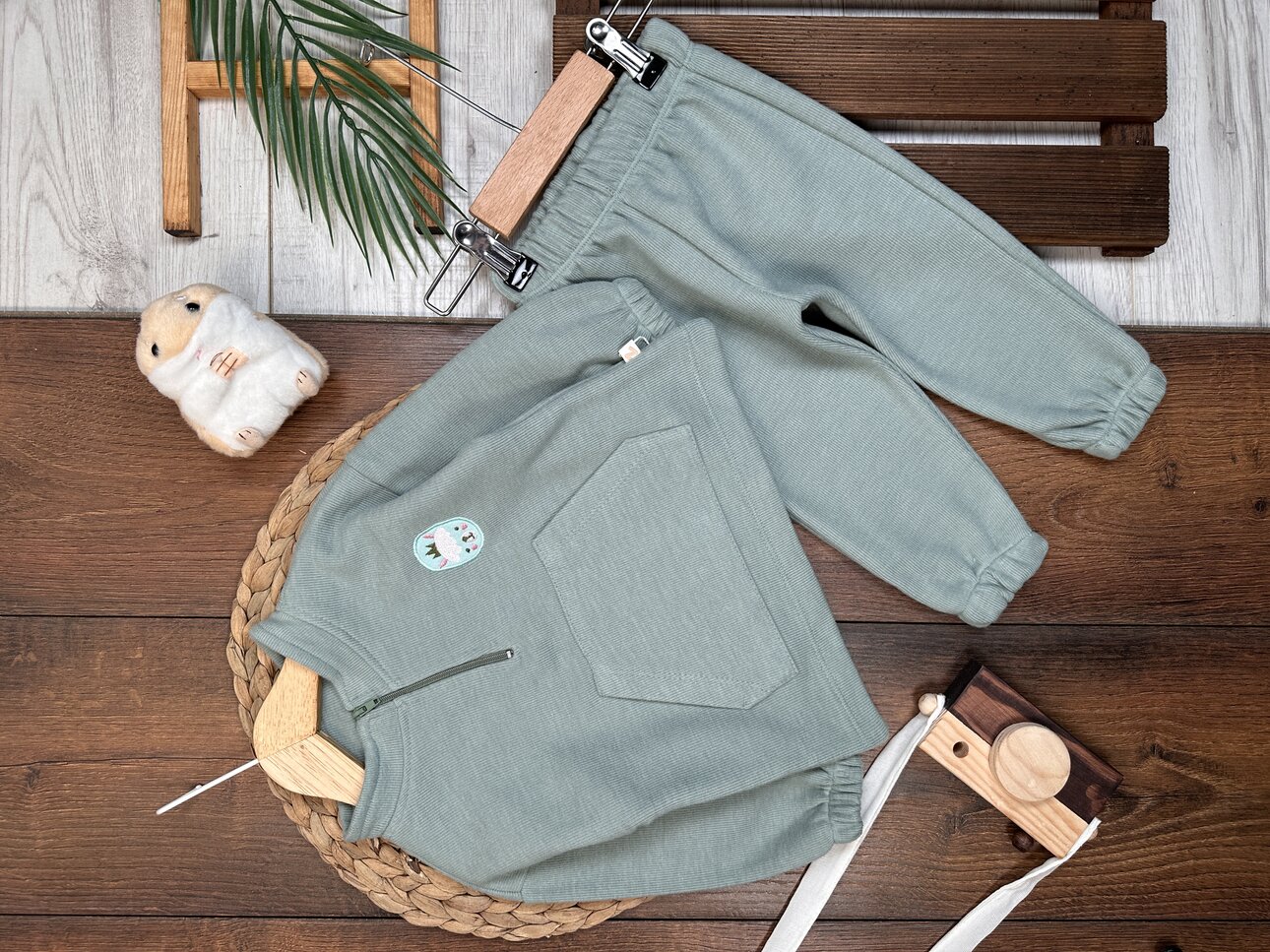 Pamuklu Fermuarlı Kanguru Cep Detaylı 2li Erkek Bebek Takım