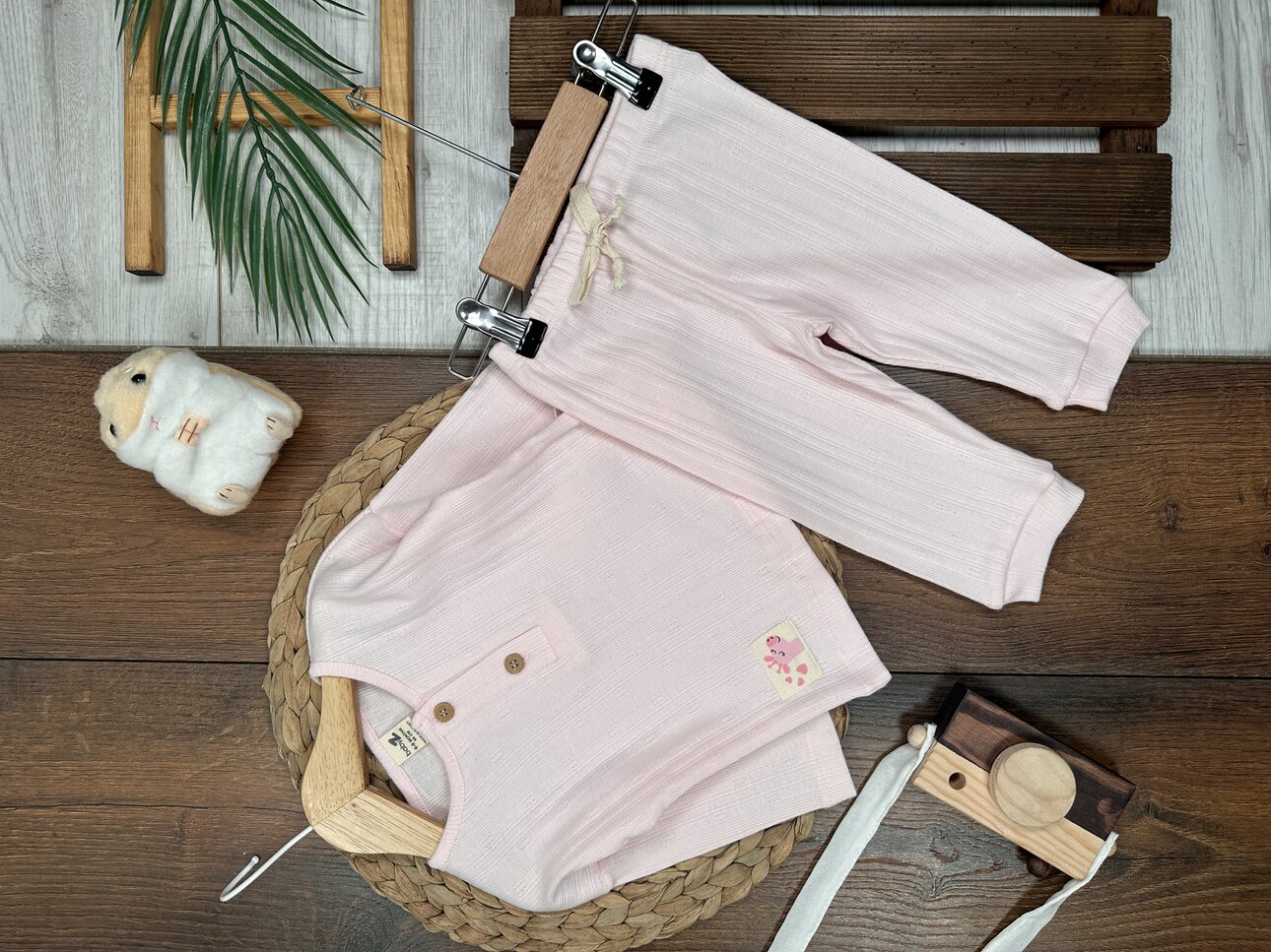 Pamuklu Düz Desenli Düğmeli 2li Kız Bebek Takım