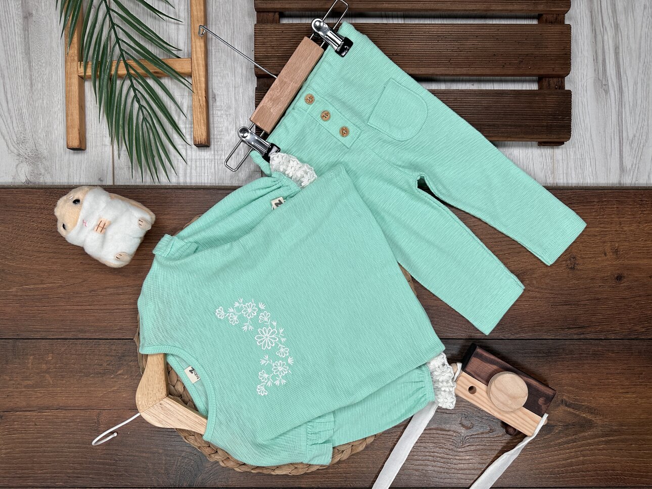 Pamuklu Çiçek Nakışlı Uzun Kollu 2li Kız Bebek Takım