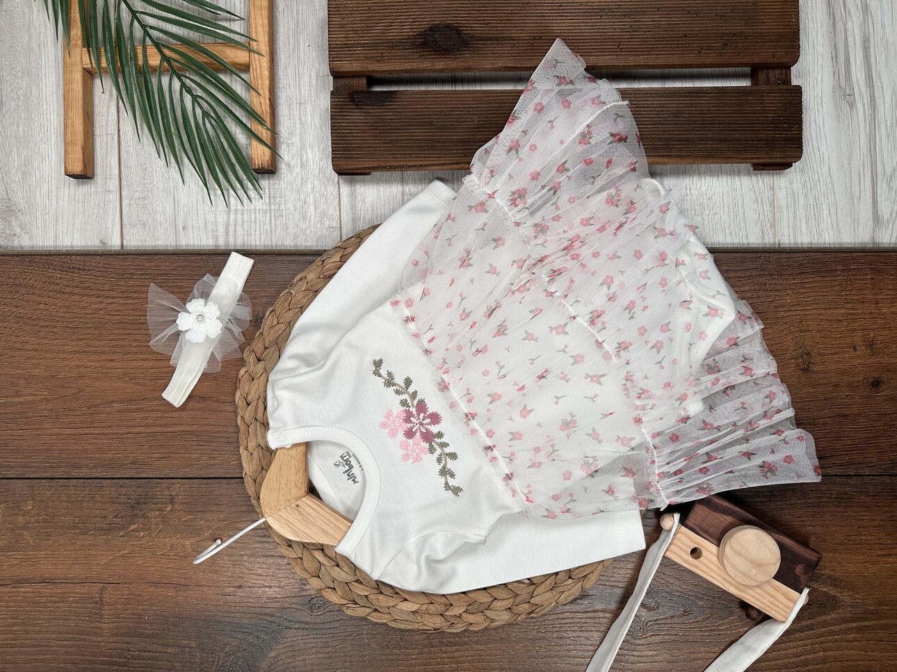 pamuklu Tül Detaylı 2li Kız Bebek Elbise