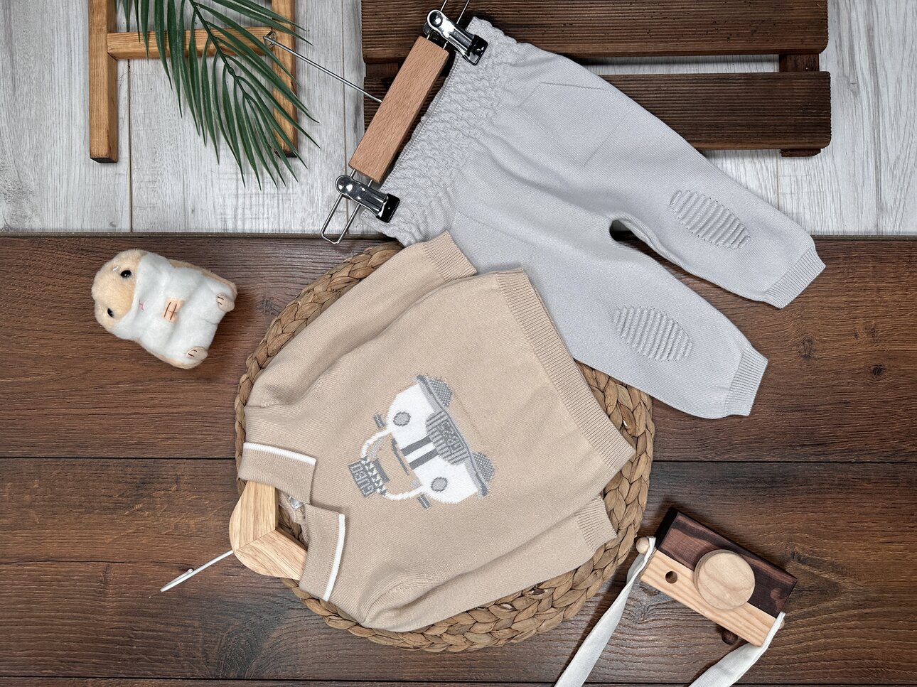 Özel Tasarım Triko Araba Desenli Yaka Detaylı 2li Erkek Bebek Takım