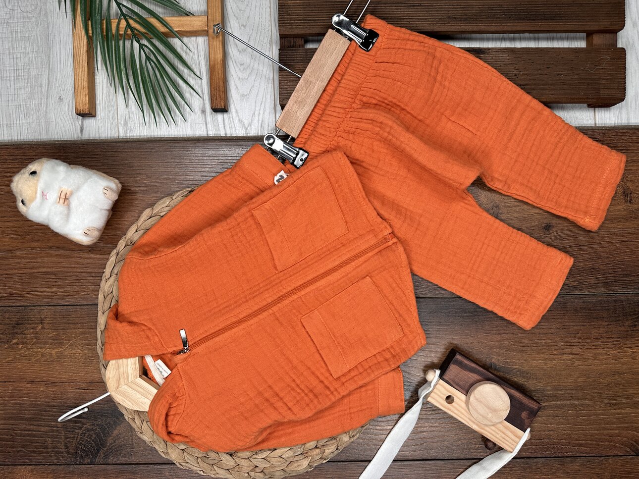 Pamuklu Kapüşonlu Fermuarlı Müslin 2li Erkek Bebek Takım